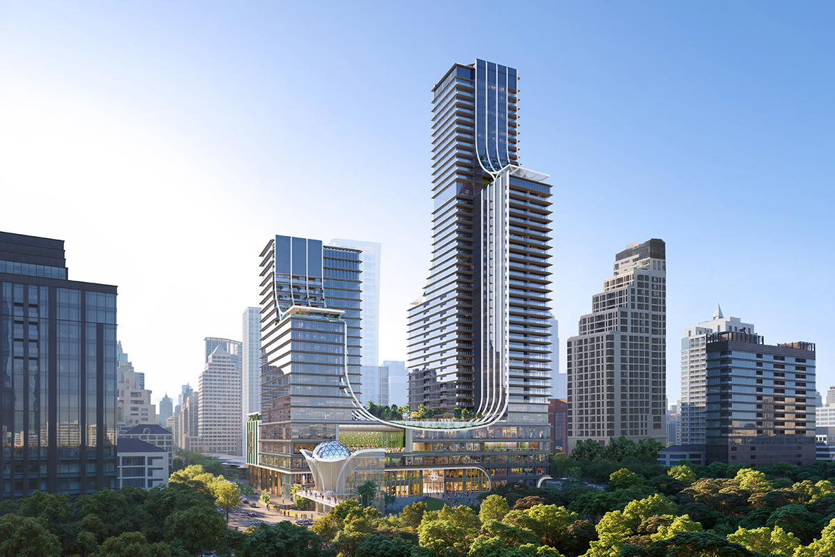 Architectural rendering of Capella Residences Bangkok and the WellEra development, featuring two contemporary high-rise towers overlooking Lumpini Park.